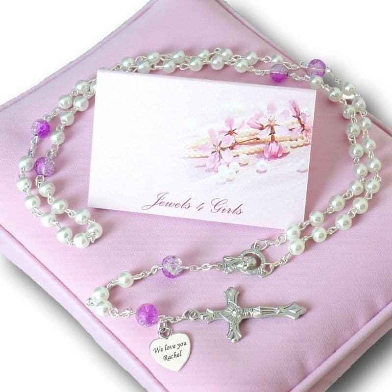 Personalised Rosaries in Pink and White, Any Engraving | Heaven's Blessings