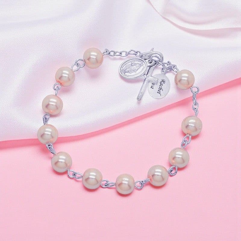Personalised Rosary Bracelet, Pink Pearls | Heavens Blessings