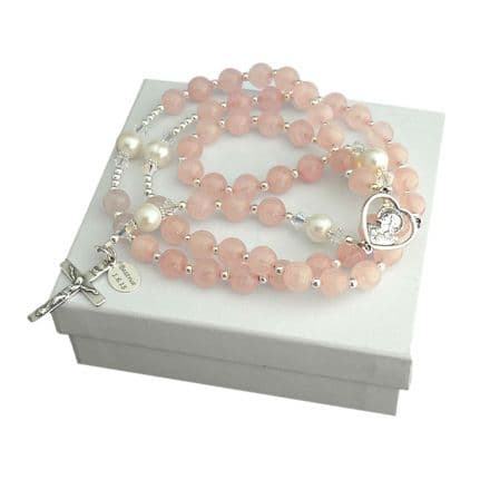 Personalised Rosary Rose Quartz & Pearl, Sterling Silver