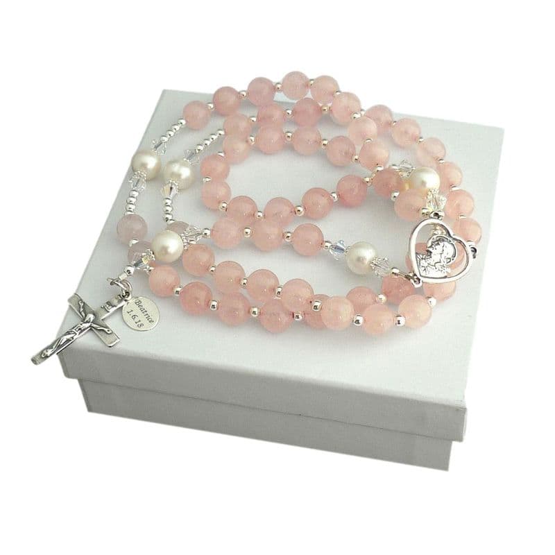 Personalised Rosary Rose Quartz & Pearl | Heavens Blessings