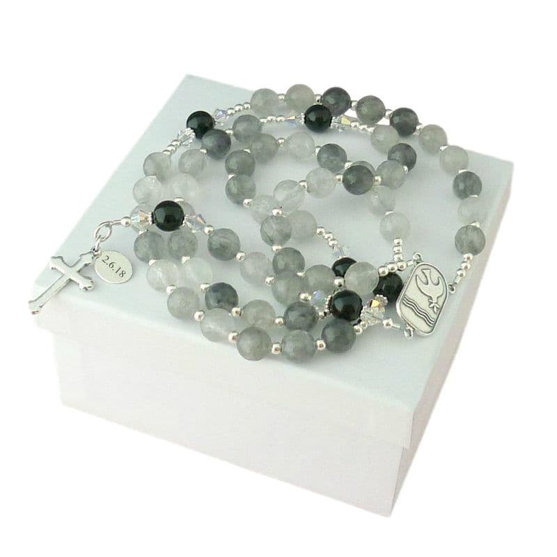 Personalised Rosary Silver Quartz & Onyx, Sterling Silver | Heavens Blessings
