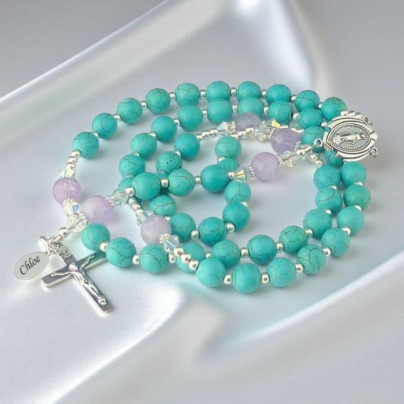 Personalised Rosary Turquoise and Lilac Amethyst, Sterling Silver | Heavens Blessings