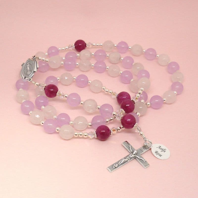 Personalised Rosary with Faceted Jade, Lilac and Magenta Malaysian Jade, Sterling Silver | Heavens Blessings