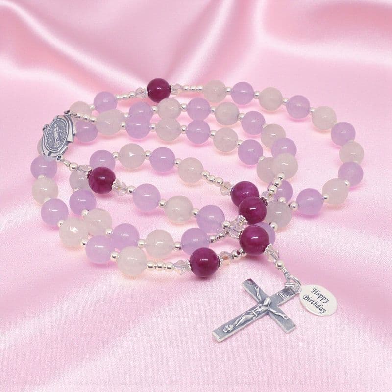 Personalised Rosary with Faceted Jade, Lilac and Magenta Malaysian Jade, Sterling Silver | Heavens Blessings