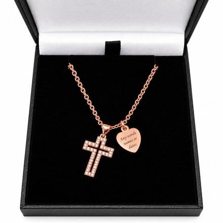 Personalised Rose Gold Cross Necklace, Crystals and Any Engraving on the Heart, Religious Necklace
