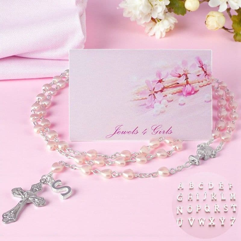 Pink Heart Rosary Beads with Letter Charm, for Girls | Heavens Blessings