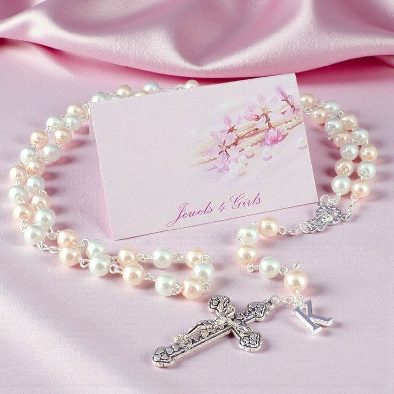 Pretty Pearl Rosary Beads with Letter Charm, 8mm | Heavens Blessings