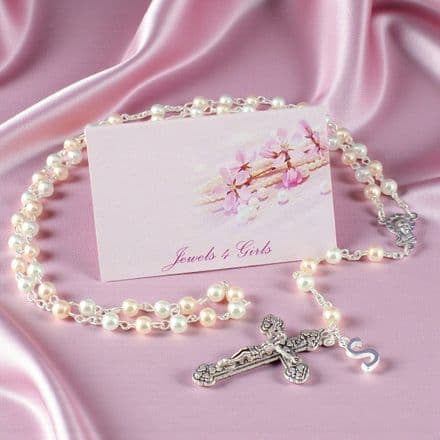 Pretty Pearl Rosary Beads with Letter Charm, Small Pearls