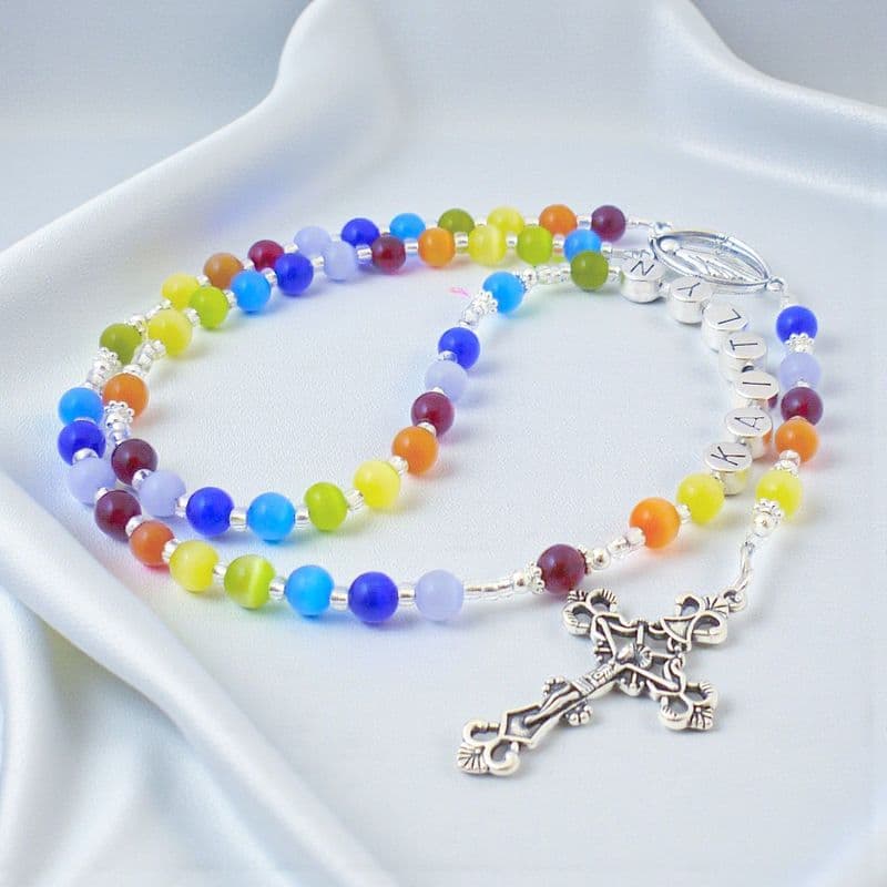 Rainbow Cat's Eye Rosary Beads with Name | Heavens Blessings