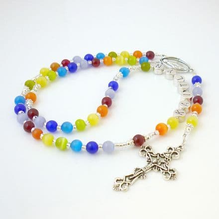 Rainbow Cat's Eye Rosary Beads with Name