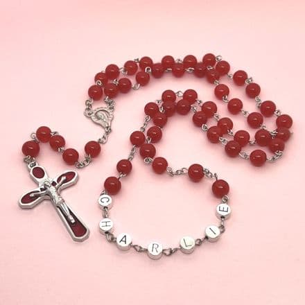 Red Name Rosary with Virgin Mary Centrepiece and 3D Crucifix Cross, High Quality