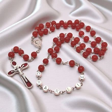 Red Name Rosary with Virgin Mary Centrepiece and 3D Crucifix Cross, High Quality