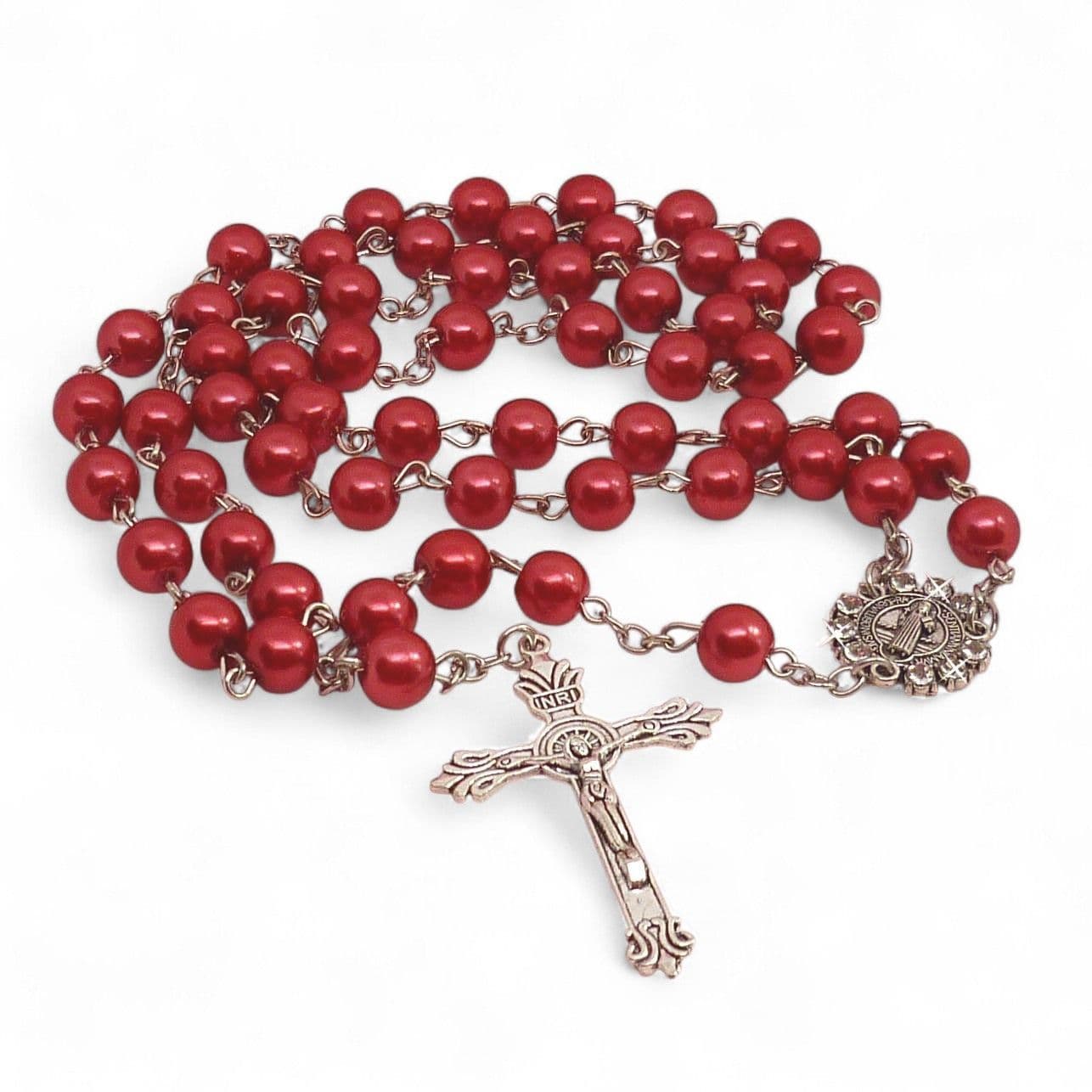 Red Pearl Rosary with a Sparkling Benedict Centrepiece and