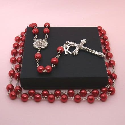 Red Pearl Rosary with Letter Charm and Sparkling St. Benedict Centrepiece