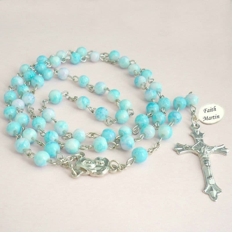 Rosary Beads in Pale Blue with Engraving | Heaven's Blessings