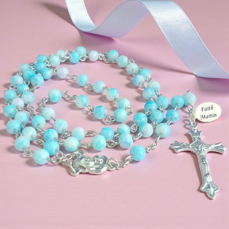 Rosary Beads in Pale Blue with Engraving | Heaven's Blessings