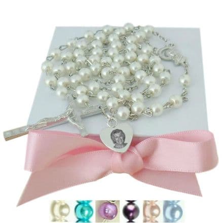 Rosary Beads with Photo and Words Engraved, Personalised, Pearls