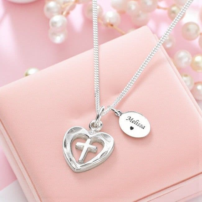 Silver Heart Cross Necklace with Engraving | Heavens Blessings