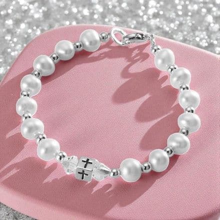 Silver Cross Pearl Bracelet