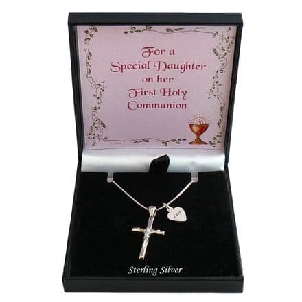 Silver Crucifix Necklace, Cross with Engraved Name, First Holy Communion