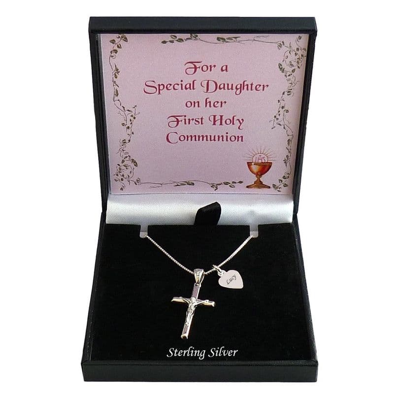 Silver Crucifix Necklace, Cross with Engraved Name, First Holy Communion | Heavens Blessings
