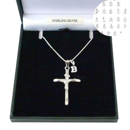 Silver Crucifix Necklace for Girls Christening Day with Cross and Letter Pendant