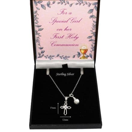 Sterling Silver Cross Necklace, Gift for a Girl's First Holy Communion, Cubic Zirconia Crystals