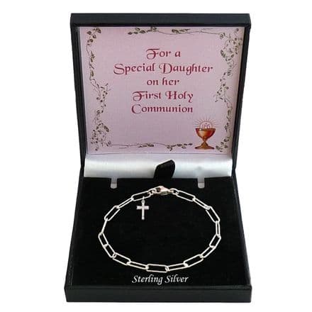 Sterling Silver, Diamond Cut Paperclip Chain Bracelet with Cross Charm