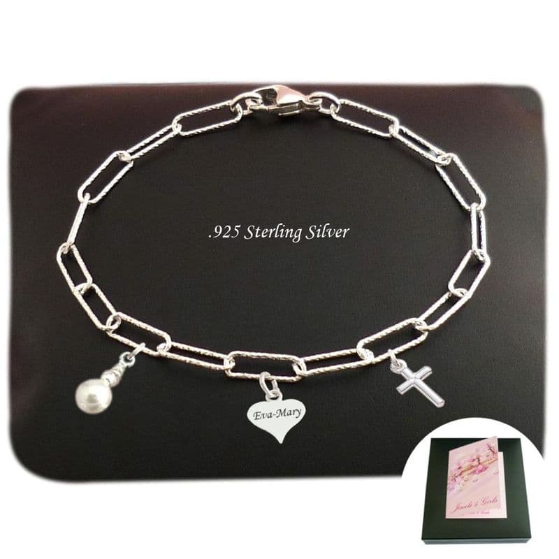 Sterling Silver, Diamond Cut Paperclip Chain Bracelet with Engraved Tag, Pearl & Cross Charm | Heavens Blessings