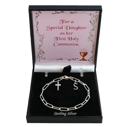 Sterling Silver, Diamond Cut Paperclip Chain Bracelet with Letter and Cross Charms