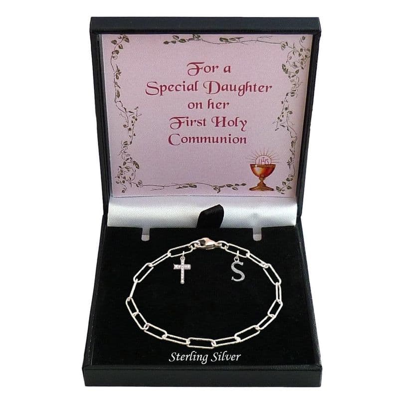 Sterling Silver, Diamond Cut Paperclip Chain Bracelet with Letter and Cross Charms | Heavens Blessings