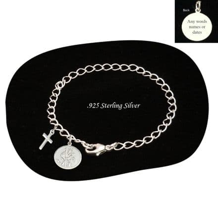 Sterling Silver Engraved Chain Bracelet with Cross and Engraved St Christopher