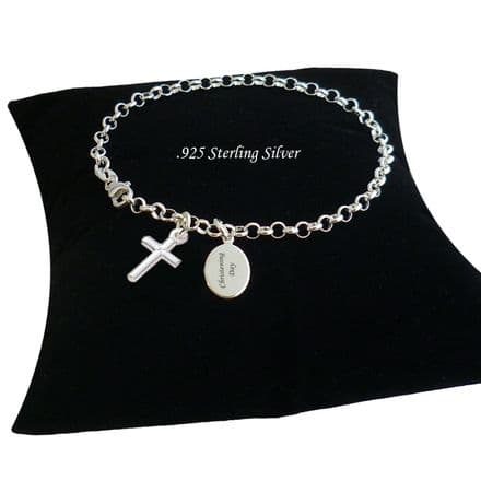 Sterling Silver Engraved Chain Bracelet with Cross Charm