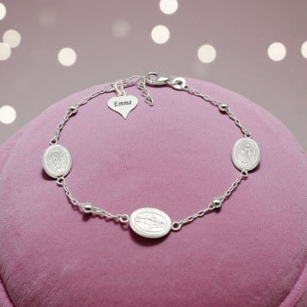 Sterling Silver Madonna Bracelet, Mary Medal Charms and Personalised Engraved Tag