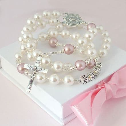 Sterling Silver Name Rosary, Many Pearl Colours