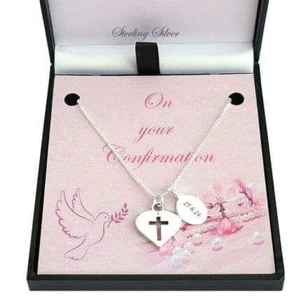 Sterling Silver, Personalised Confirmation Necklace with Cross in Heart