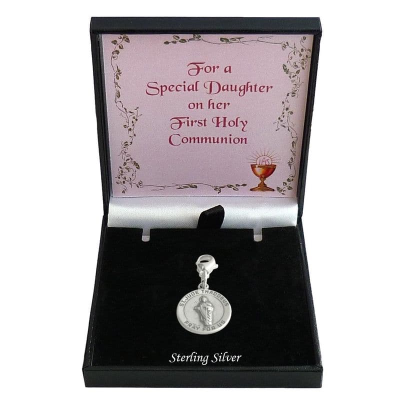 Sterling Silver, St Jude Charm on a Lobster Clasp, First Holy Communion | Heaven's Blessings