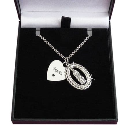 Virgin Mary Necklace, Engraved Pendant, Miraculous Medal, Communion Gift