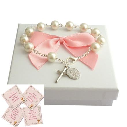White or Pink, Pearl Rosary Bracelets for First Holy Communion