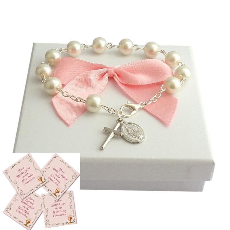 White or Pink, Pearl Rosary Bracelets for First Holy Communion | Heavens Blessings
