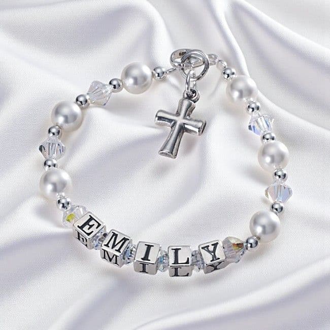 White Pearl and 925 Silver Name Bracelet with Cross Charm | Heavens Blessings