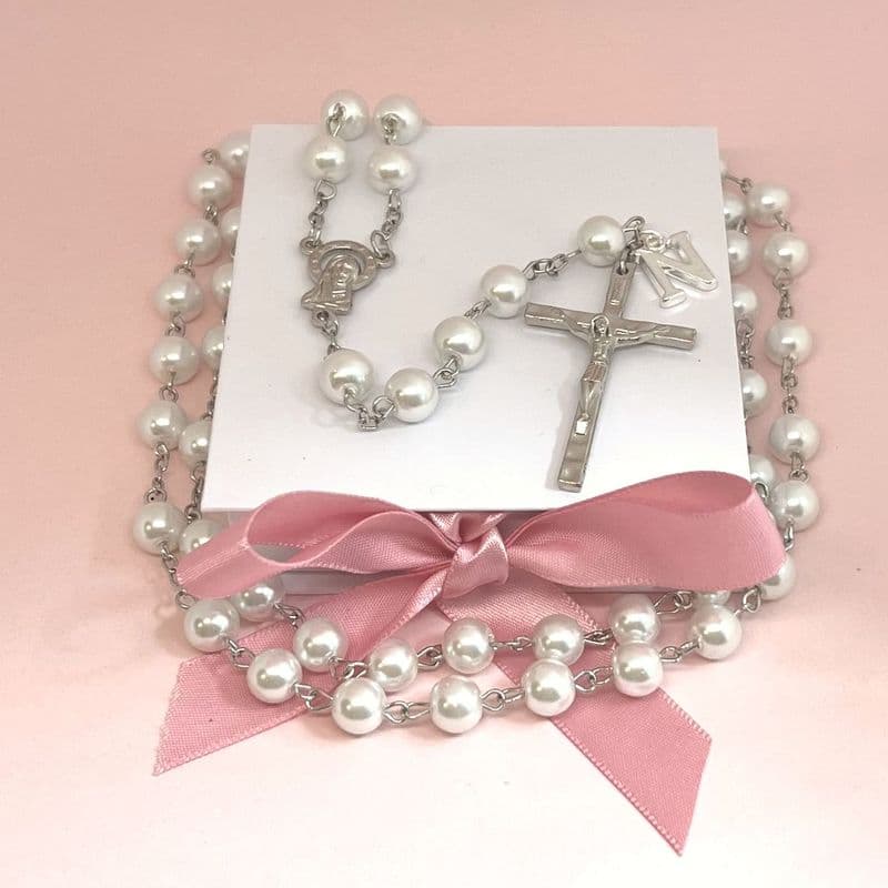 White Pearl Rosary Beads with Letter Charm | Heavens Blessings