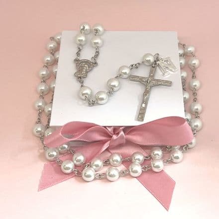 White Pearl Rosary Beads with Letter Charm