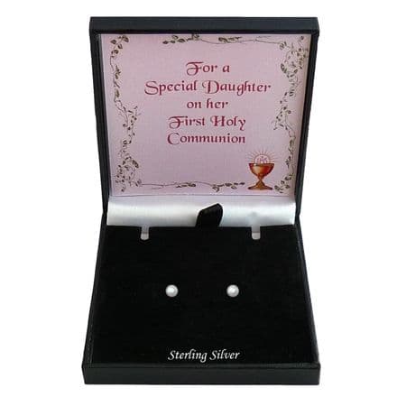 White Pearl Stud Earrings, 925 Silver, Gift Boxed for First Holy Communion