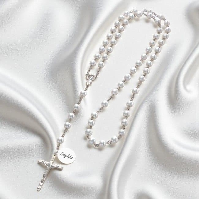 Wired Personalised Rosary, White Pearls, Any Engraving | Heaven's Blessings