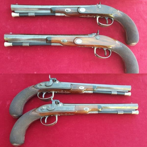 *  A superb cased pair of silver mounted Duelling pistols by Mortimer of LONDON. FOR SALE. Ref 2313
