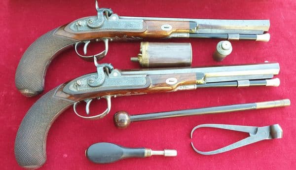 *  A superb cased pair of silver mounted Duelling pistols by Mortimer of LONDON. FOR SALE. Ref 2313