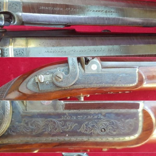 *  A superb cased pair of silver mounted Duelling pistols by Mortimer of LONDON. FOR SALE. Ref 2313
