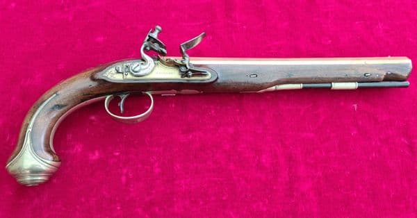 18 inch long brass barrel flintlock pistol by Knubley LONDON. Ref 3509. Was £2,800  now