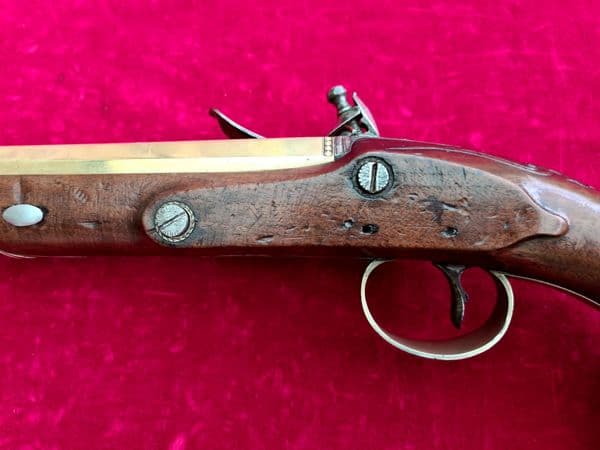 18 inch long brass barrel flintlock pistol by Knubley LONDON. Ref 3509. Was £2,800  now
